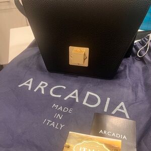 Arcadia Black Leather Tote with Gold Detail